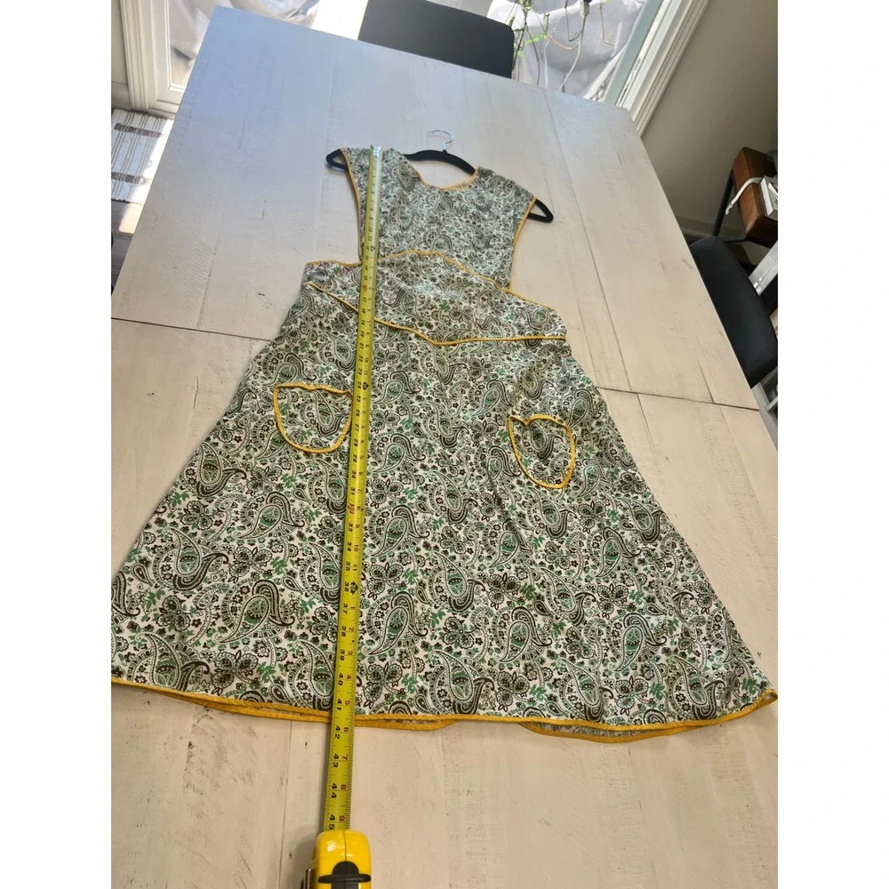 Vintage Handmade Paisley Pinafore Apron Green Yellow Piping Cottagecore Smock